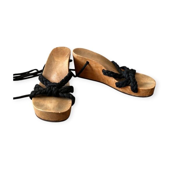 Vintage Wood Wedge Rope Sandals, Wrap Around Rope. Black - Picture 2 of 14